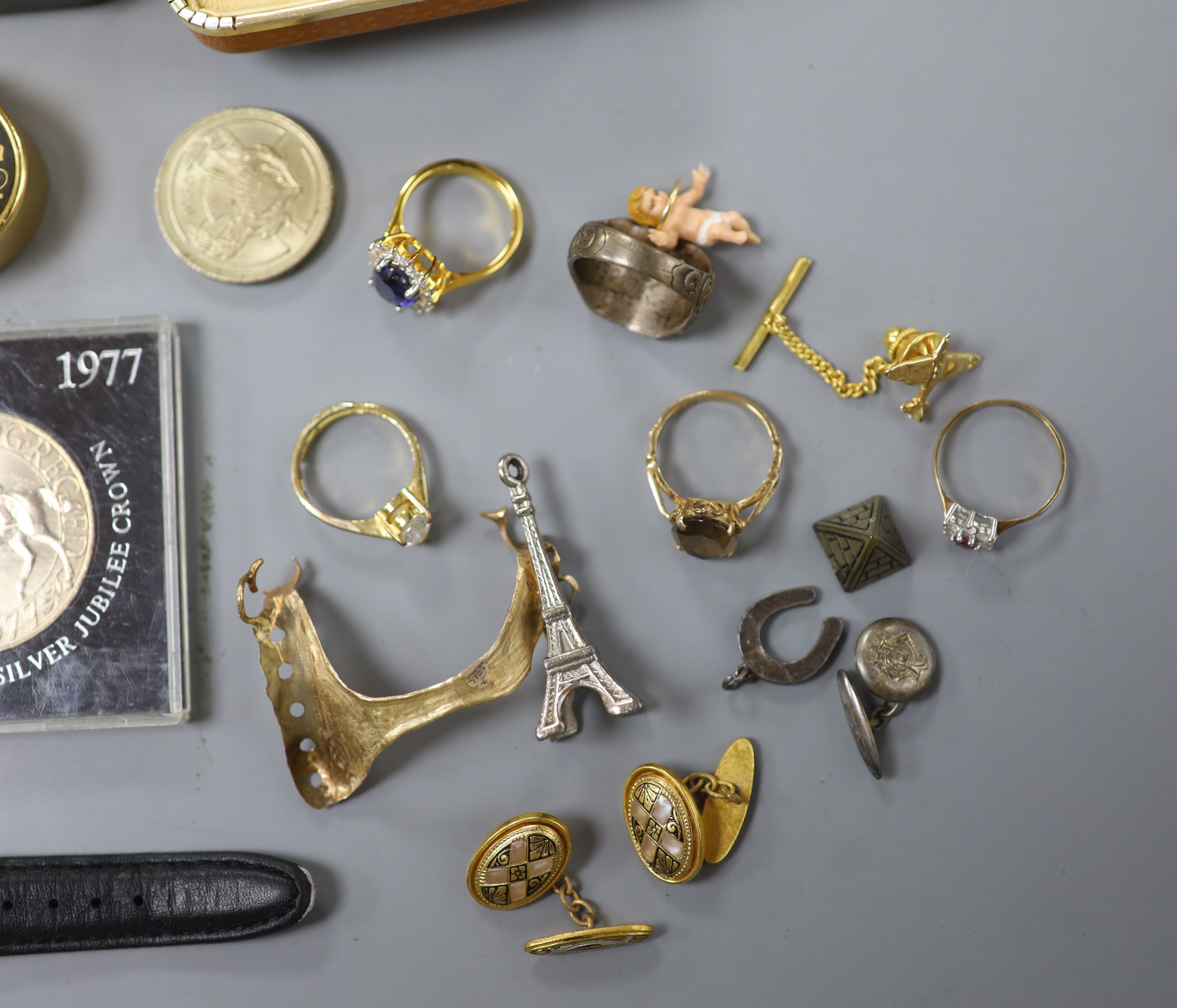 A 9ct and paste set ring, a 9ct gold aeroplane stud, 10kt cross pendant necklace and a quantity of other jewellery, watch, coins etc. including costume.